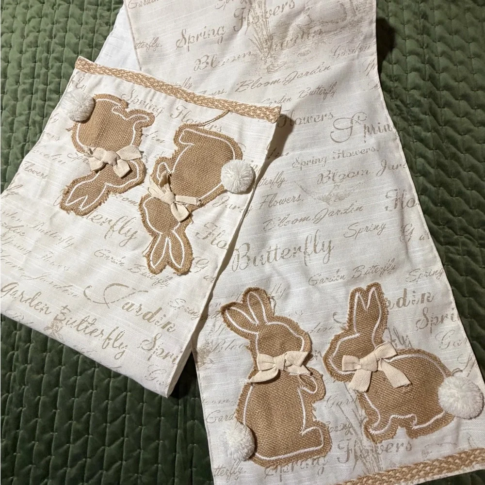 Domain table runner Easter Spring bunnies rabbits beige off white 14 inches wide